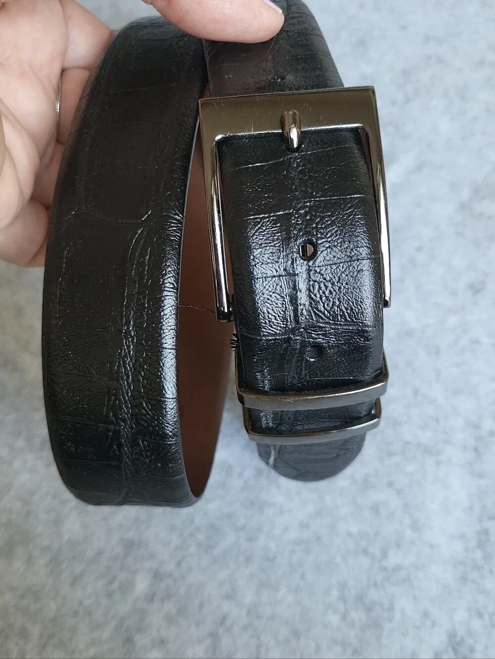 Italian Leather Belt Mens 36/90 Black Crocodile Embossed Gunmetal Handmade Italy